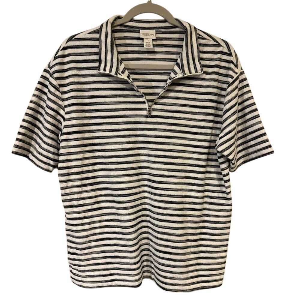 Chico's Black and White Striped Short Sleeve Polo